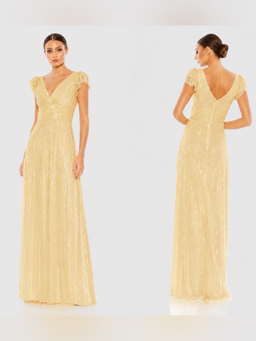 Mac Duggal Size 18 Yellow Beaded Sequins Flutter Sleeve A Line Gown Dress $538